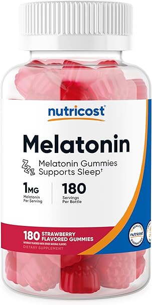 Melatonina Nutricost 1 mg, 180 gomitas, sabor a fresa, sin gluten, sin OGM, sin jarabe de maíz A23