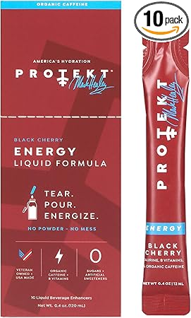 Bebidas energéticas sin azúcar PROTEKT: mezcla natural de bebidas energéticas cetogénicas, bebida líquida con vitamina B, bebidas con cafeína orgánica, bebida energética sin azúcar: sobres de cereza negra de Mark Healey, paquete de 10 ln25