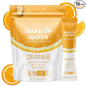 Wake Up Water - Bebida energética + hidratante sin azúcar, 15 paquetes, sabor naranja, bebida energética en polvo, bebida con electrolitos, paquete de mezcla de cafeína natural, vitaminas B, 5 calorías, sin gluten, 0,10 oz (2,9 g) ln25