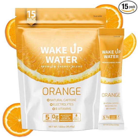 Wake Up Water - Bebida energética + hidratante sin azúcar, 15 paquetes, sabor naranja, bebida energética en polvo, bebida con electrolitos, paquete de mezcla de cafeína natural, vitaminas B, 5 calorías, sin gluten, 0,10 oz (2,9 g) ln25