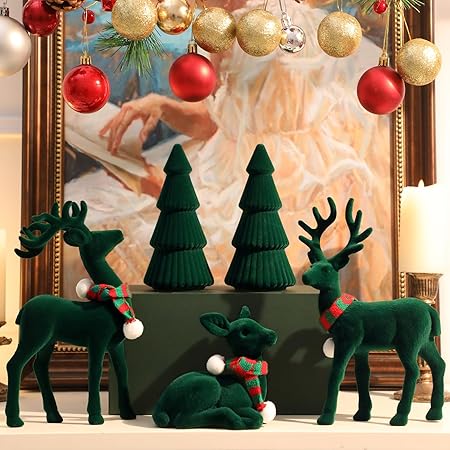 5 Pcs Juego de Figuritas de Reno y Árbol de Terciopelo de Navidad