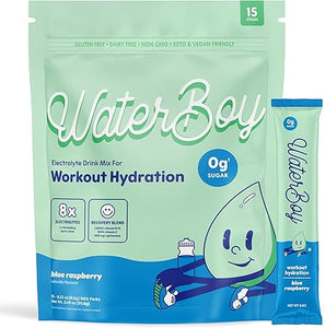 Hidratación para entrenamiento Waterboy | Sobres de electrolitos en polvo sin azúcar de 2960 mg | L-glutamina + vitaminas | Sin azúcar, totalmente natural, sin gluten | 15 mezclas para bebidas en barra (frambuesa azul) ln25