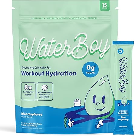 Hidratación para entrenamiento Waterboy | Sobres de electrolitos en polvo sin azúcar de 2960 mg | L-glutamina + vitaminas | Sin azúcar, totalmente natural, sin gluten | 15 mezclas para bebidas en barra (frambuesa azul) ln25