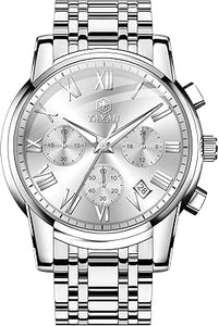 Relojes de acero inoxidable para hombre, a21 cronógrafo de oro plateado con cara grande, fácil de leer, para hombre, fecha, reloj clásico de cuarzo analógico con número romano, reloj de vestir para
