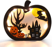 Cargar imagen en el visor de la galería, FOIMAS Cartel de mesa de madera para Halloween, centro de mesa de calabaza con luz para decoración de mesa de Halloween (MEJORADO)
