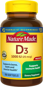 Vitamina D3, 180 cápsulas blandas, vitamina D 1000 IU (25 mcg) ayuda a apoyar la salud inmunológica, huesos y dientes fuertes, y función muscular, ln25 125% del valor diario de vitamina D en solo una cápsula blanda diaria