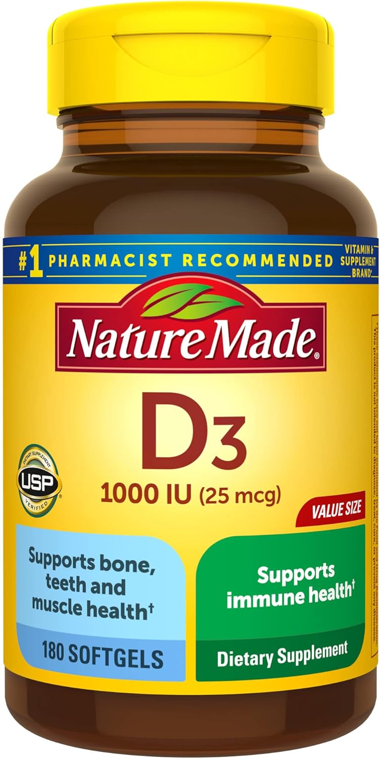 Vitamina D3, 180 cápsulas blandas, vitamina D 1000 IU (25 mcg) ayuda a apoyar la salud inmunológica, huesos y dientes fuertes, y función muscular, ln25 125% del valor diario de vitamina D en solo una cápsula blanda diaria