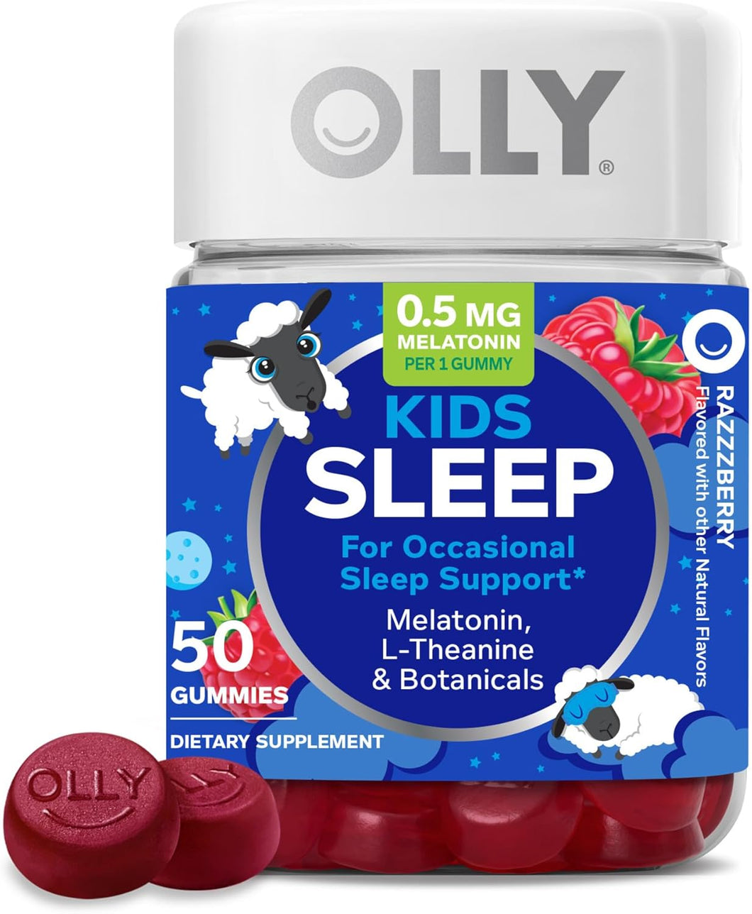OLLY Gomitas para dormir para niños, apoyo ocasional para dormir, 0.5 mg de melatonina, L teanina, manzanilla y bálsamo de limón, suplemento masticable para niños, frambuesa, 50 unidades ln26