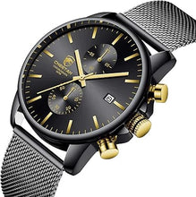Cargar imagen en el visor de la galería, GOLDEN HOUR - Reloj de moda para hombre, elegante, minimalista, de cuarzo, analógico, malla de acero inoxidable, a21  impermeable, cronógrafo, para hombres, con fecha automática
