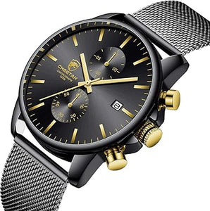 GOLDEN HOUR - Reloj de moda para hombre, elegante, minimalista, de cuarzo, analógico, malla de acero inoxidable, a21  impermeable, cronógrafo, para hombres, con fecha automática