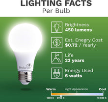 Cargar imagen en el visor de la galería, Bioluz LED 6 vatios equivalentes a bombillas A19 de 40 W para decoración del hogar, 2700 K, luz blanca cálida, no regulables, para dormitorio, bombillas LED de bajo consumo y bombillas de larga A19
