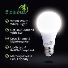 Cargar imagen en el visor de la galería, Bioluz LED 6 vatios equivalentes a bombillas A19 de 40 W para decoración del hogar, 2700 K, luz blanca cálida, no regulables, para dormitorio, bombillas LED de bajo consumo y bombillas de larga A19
