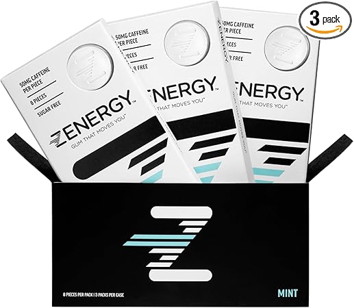 Chicle energético ZENERGY, sabor a menta | 50 mg de cafeína + 35 % de vitamina B6 y 45 % de vitamina B12 | Vegano, 0 azúcar, 0 calorías, 0 gluten, 0 aspartamo, sin OGM, acción instantánea | Paquete de 3 = 24 unidades ln25