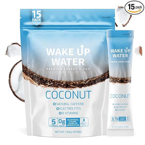Wake Up Water - Bebida energética + hidratante sin azúcar, paquete de 15, sabor a coco, bebida energética en polvo, bebida con electrolitos, paquete de mezcla de cafeína natural, vitaminas B, 5 calorías, sin gluten, 0,10 oz (2,9 g) ln25
