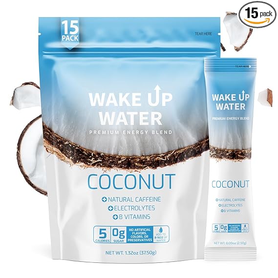 Wake Up Water - Bebida energética + hidratante sin azúcar, paquete de 15, sabor a coco, bebida energética en polvo, bebida con electrolitos, paquete de mezcla de cafeína natural, vitaminas B, 5 calorías, sin gluten, 0,10 oz (2,9 g) ln25