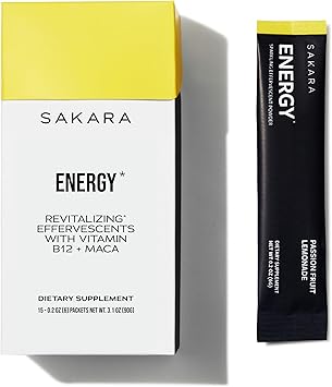 SAKARA Energy Effervescents, 15 paquetes: sobres de electrolitos en polvo sin azúcar refinado con vitamina B12 y L-teanina, sobres de agua saborizada, polvo hidratante, bebida energética con electrolitos en polvo ln25