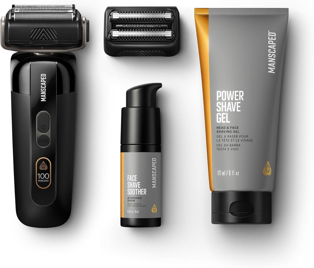 MANSCAPED® The Chairman™ PRO Package - Afeitadora de aluminio para hombre con dos cuchillas intercambiables,ln23  lámina de cuatro hojas SkinSafe® y recortadora de rastrojos, gel de afeitado eléctrico,