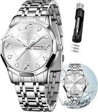 Cargar imagen en el visor de la galería, Relojes para hombre, números arábigos, esfera grande, fácil de leer, estilo simple, día fecha, a21 diamante, cara grande, reloj de acero inoxidable impermeable para hombre
