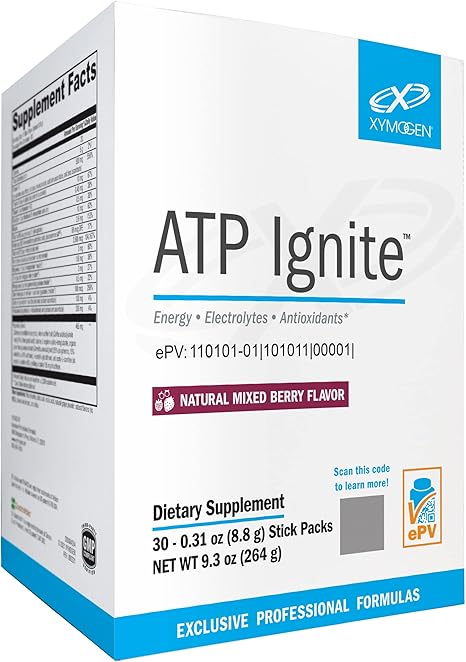 Bebida energética revitalizante en polvo XYMOGEN ATP Ignite: favorece la reposición de electrolitos y la biosíntesis de ATP con antioxidantes, aminoácidos, vitaminas, electrolitos y 95 mg de cafeína (30 paquetes de barritas de frutos rojos) ln25