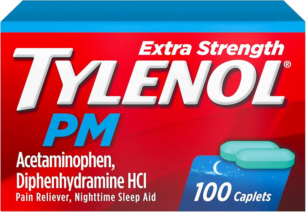 Comprimidos analgésicos nocturnos y para dormir de máxima potencia Tylenol PM, 500 mg de acetaminofén y 25 mg de clorhidrato de difenhidramina, ln25 alivio de dolores y molestias nocturnas, no generan hábito, 100 unidades