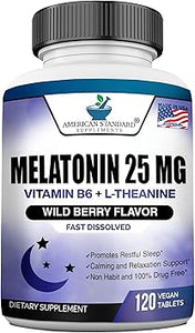 Melatonina de 25 mg por una tableta, 120 tabletas masticables con L-teanina y vitamina B-6, apoya el ciclo de sueño saludable, promueve un sueño calmante y reparador, vegano, sin OMG, fabricado en ln26