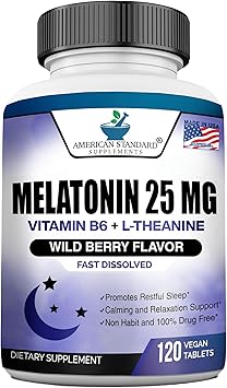 Melatonina de 25 mg por una tableta, 120 tabletas masticables con L-teanina y vitamina B-6, apoya el ciclo de sueño saludable, promueve un sueño calmante y reparador, vegano, sin OMG, fabricado en ln26