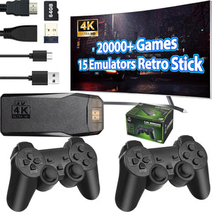 Wireless Retro Game Console Stick Built-in 20000+ Classic Games, 4K HDMI Output Nostalgia Plug & Play Retro Video Gaming Stick with 15 Emulators and Dual 2.4G Wireless Controller（64GB Memory Card A19