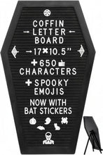 Cargar imagen en el visor de la galería, Tablero de letras de ataúd negro +Pegatinas de murciélago 3D +650 personajes, emojis espeluznantes y estacionales, soporte de madera - 17x10.5

