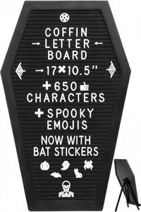 Tablero de letras de ataúd negro +Pegatinas de murciélago 3D +650 personajes, emojis espeluznantes y estacionales, soporte de madera - 17x10.5