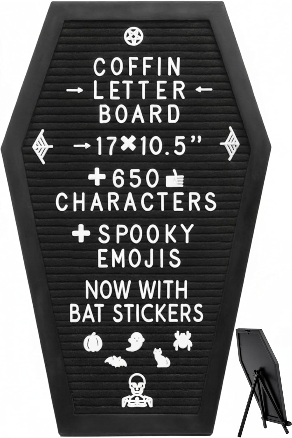 Tablero de letras de ataúd negro +Pegatinas de murciélago 3D +650 personajes, emojis espeluznantes y estacionales, soporte de madera - 17x10.5