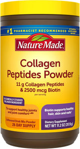 Nature Made Collagen Peptides Powder Tipo 1 y 3, colágeno en polvo para apoyar las articulaciones, sin sabor, sin azúcar, apto para dieta cetogénica, con biotina para apoyar el cabello, la piel y las uñas, 11,2 oz, suministro para 28 días ln25