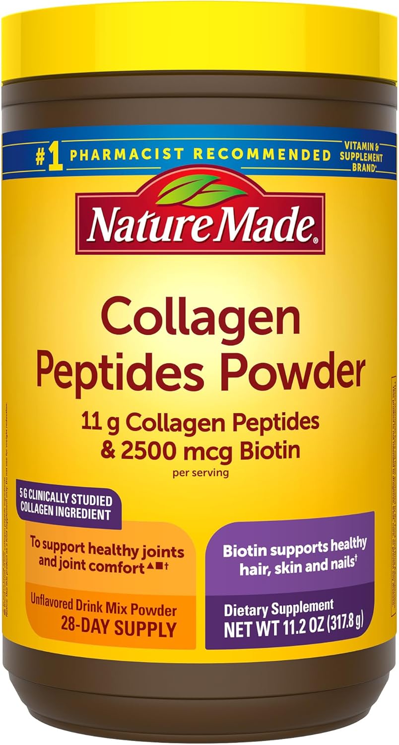 Nature Made Collagen Peptides Powder Tipo 1 y 3, colágeno en polvo para apoyar las articulaciones, sin sabor, sin azúcar, apto para dieta cetogénica, con biotina para apoyar el cabello, la piel y las uñas, 11,2 oz, suministro para 28 días ln25