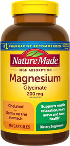 Nature Made Glicinato de magnesio 200 mg por porción, suplemento dietético para apoyo muscular, ln25  corazón, nervio y óseo, 180 cápsulas, suministro para 90 días