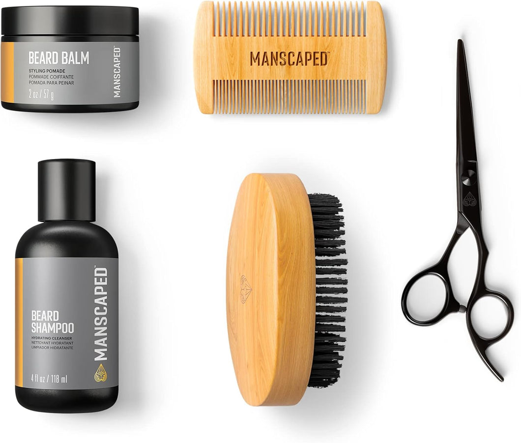 MANSCAPED® El kit de cuidado de la barba incluye champú y bálsamo hidratante UltraPremium, ln23 cepillo suave, peine y tijeras de precisión para aseo y recortar el vello facial