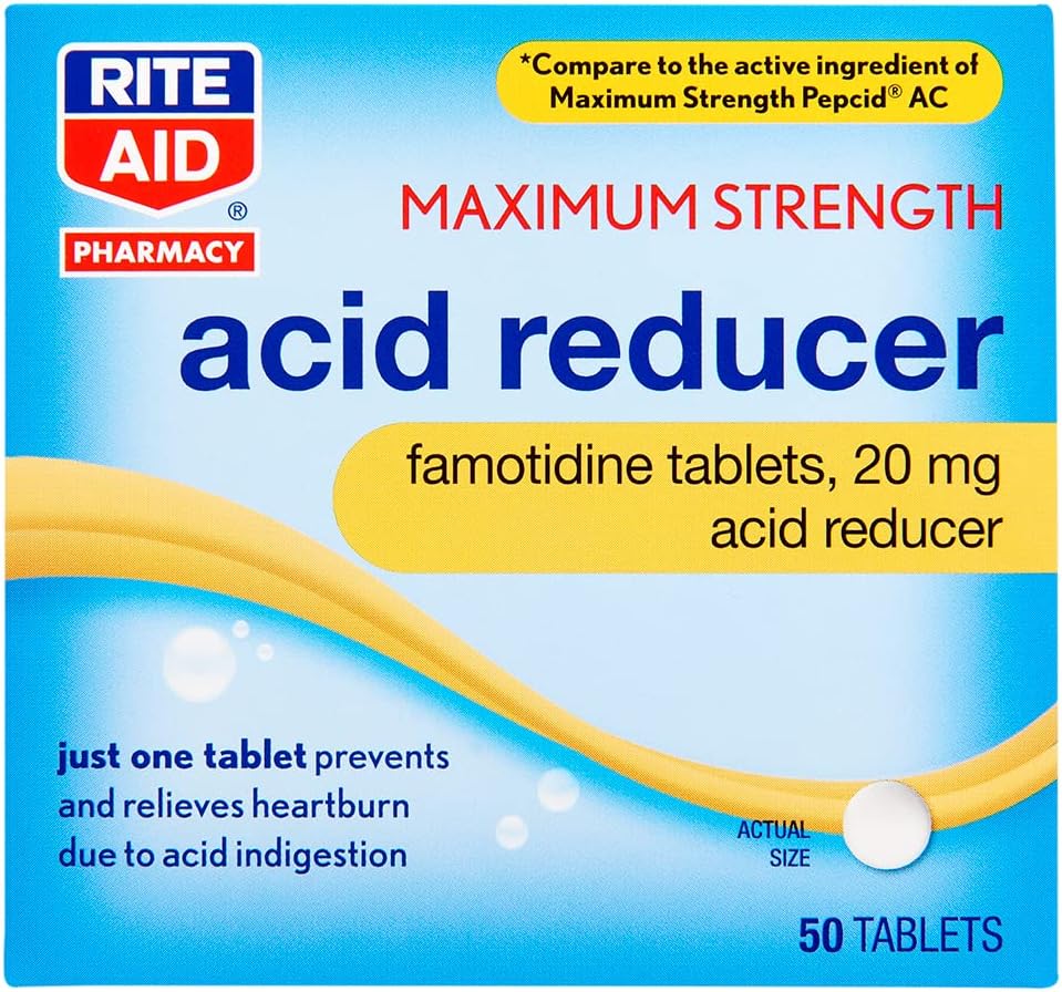 Reductor de ácido, tabletas de famotidina de máxima fuerza, 20 mg - 50 tabletas - Alivio de la acidez estomacal - Reflujo ácido - Antiácidos masticables y tabletas LN23