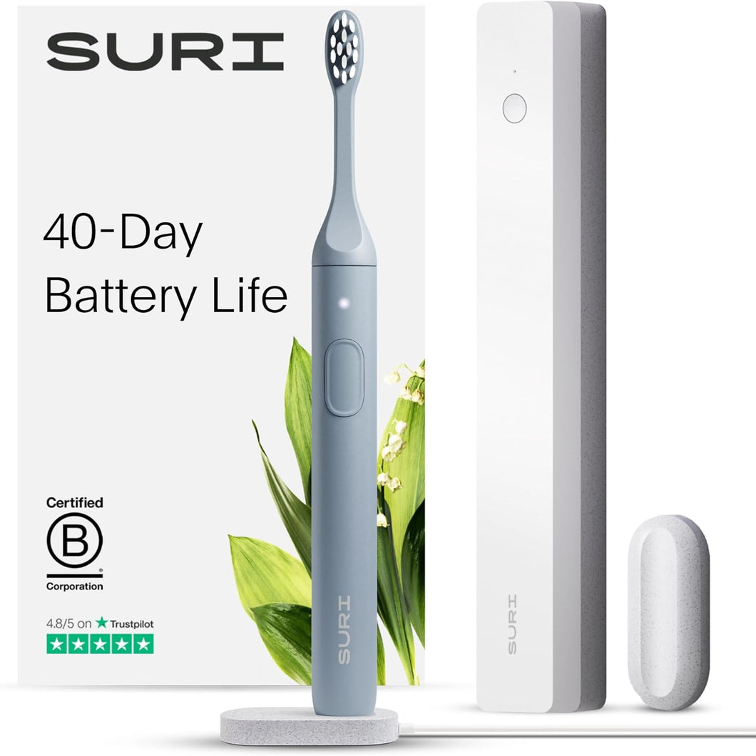 SURI Cepillo de dientes eléctrico: cepillos de dientes eléctricos sostenibles para adultos, cepillo de dientes sónico ln23 delgado y accesorios, batería de 40 días, cepillo de dientes de viaje con estuche
