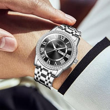 Cargar imagen en el visor de la galería, Reloj para hombre, reloj de cuarzo de acero inoxidable dorado plateado con fecha de día, a21 reloj de vestir impermeable con diamantes de moda, casual, fácil de leer
