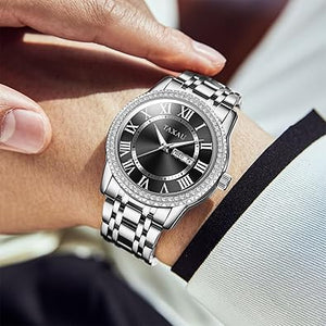 Reloj para hombre, reloj de cuarzo de acero inoxidable dorado plateado con fecha de día, a21 reloj de vestir impermeable con diamantes de moda, casual, fácil de leer