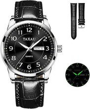 Cargar imagen en el visor de la galería, Reloj de hombre con cara grande, fácil de leer, números arábigos, relojes de vestir para hombre, clásico, negro, marrón, a21 correa de cuero, analógico, reloj de pulsera para hombre con día y fecha,
