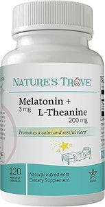 Nature's Trove Melatonina 3 mg + L Teanina 200 mg - Calma y relajación - 120 cápsulas vegetarianas Kosher ln26