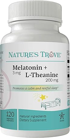 Nature's Trove Melatonina 3 mg + L Teanina 200 mg - Calma y relajación - 120 cápsulas vegetarianas Kosher ln26
