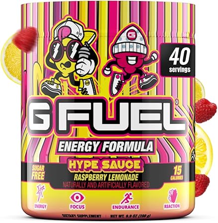 G Fuel Hype Sauce Energy Powder, suplemento de cafeína limpia sin azúcar, mezcla de agua, sabor a limonada de frambuesa, aminoácidos para concentrarse, mezcla de vitaminas y antioxidantes, 9,8 oz (40 porciones) ln25