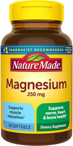 Nature Made Magnesio 250 mg, suplemento dietético para apoyo muscular, corazón, ln25 hueso y nervioso, 90 cápsulas blandas, suministro para 90 días