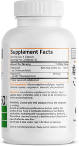 Bronson Vitamina K2 (MK7) con suplemento D3 Fórmula sin OMG 5000 UI Vitamina D3 y 90 mcg Vitamina K2 MK-7 A24