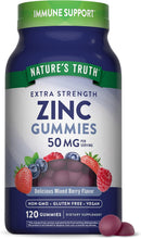 Cargar imagen en el visor de la galería, Nature's Truth Gomitas de zinc para adultos | 50 mg | 60 unidades | Suplemento extra fuerte vegano, sin OMG y sin gluten | Sabor mixto de bayas
