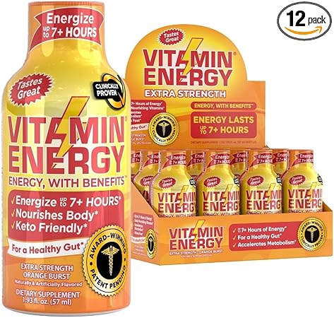 Bebida energética extrafuerte Vitamin Energy | Nutrientes naturales para energizar y reforzar el sistema inmunológico | Sin azúcar ni carbohidratos | Fórmula para la inmunidad | Hasta 7 horas de duración | Orange Burst - 1,93 fl oz - Paquete de 12 ln25