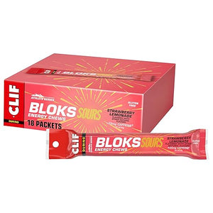 Clif Bloks Sours - Sabor a limonada de fresa con cafeína - Masticables energéticos - Sin OGM - De origen vegetal - Combustible rápido para andar en bicicleta y correr - Carbohidratos y electrolitos rápidos - 2,12 oz. (18 unidades) ln25