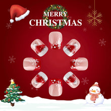 Cargar imagen en el visor de la galería, Uñas postizas cuadradas de Navidad, uñas postizas cortas de acrílico rojo con diseño de sombrero de Navidad, uñas postizas brillantes con pegamento de copo... a22 Color:Plaza de Navidad-31
