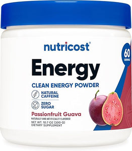 Bebida energética en polvo Nutricost (guayaba y maracuyá) (60 porciones): suplemento preentrenamiento con sabores naturales, sin OGM y sin gluten. ln25