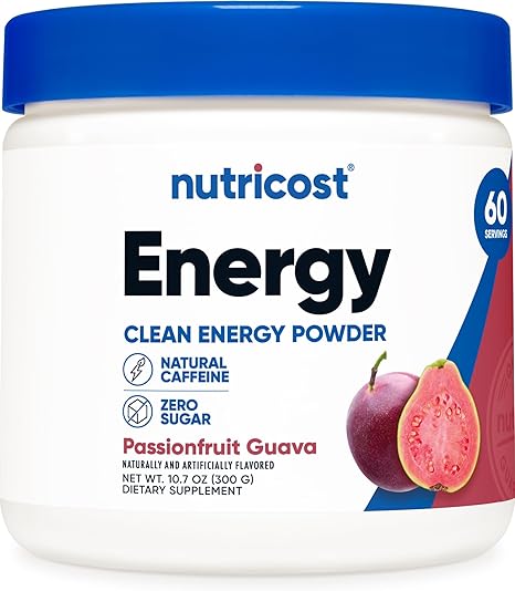 Bebida energética en polvo Nutricost (guayaba y maracuyá) (60 porciones): suplemento preentrenamiento con sabores naturales, sin OGM y sin gluten. ln25